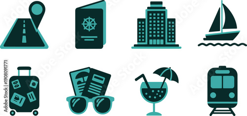 A collection of teal and dark blue icons representing various aspects of travel and tourism activities