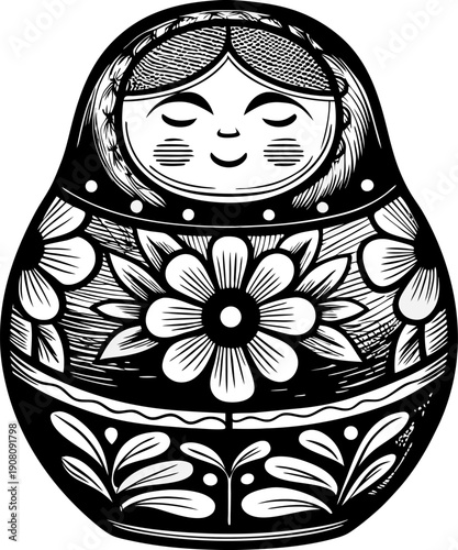 Traditional russian nesting doll with floral decoration and peaceful face design
