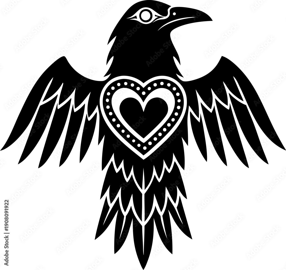 Naklejka premium Stylized black raven with a heart shaped design on its chest, tribal art inspired bird symbol with detailed wing feathers