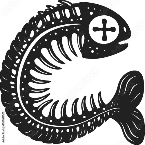 black fish skeleton illustration dead fish bone with skull cutout, curved spine and tail fin silhouette