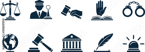 A compelling set of dark blue justice system icons representing legal concepts and regulations for public services