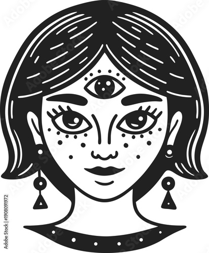stylized woman with third eye, mystical face art, supernatural vision, esoteric symbolism, spiritual insight concept