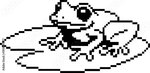 Black and white pixel art frog sitting on a lily pad, retro digital amphibian illustration