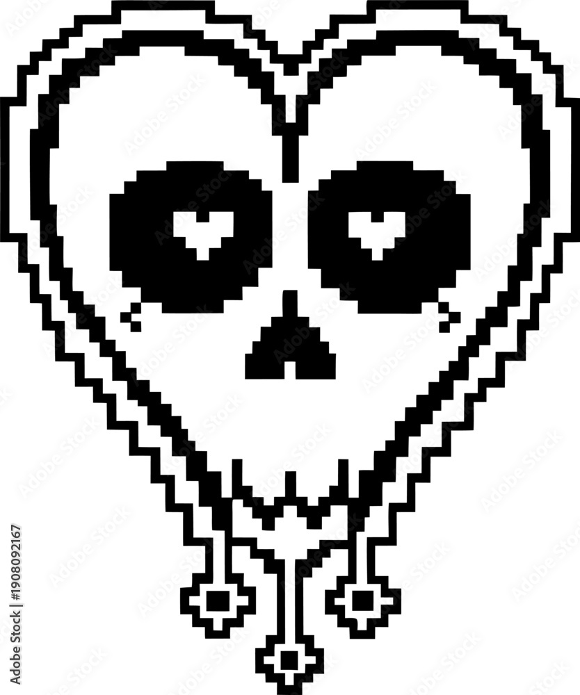 Obraz premium pixel art heart shaped skull with hollow eyes and dangling ornaments in monochrome retro