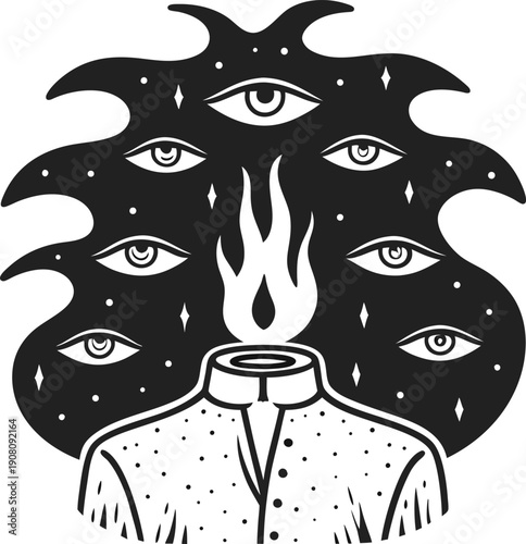 Headless figure with flame brain surreal illustration, abstract concept of mind awakening and cosmic perception