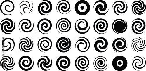 A comprehensive arrangement of black spiral forms and concentric circles displayed uniformly on a white canvas