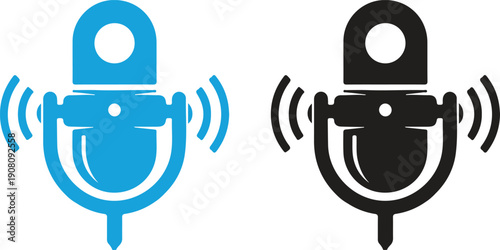 Vintage microphone illustration symbolizing audio recording broadcast and communication with sound waves in blue and black colors