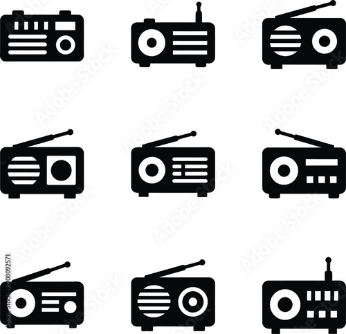 Collection of various black radio icons on a clean background viewed from directly above