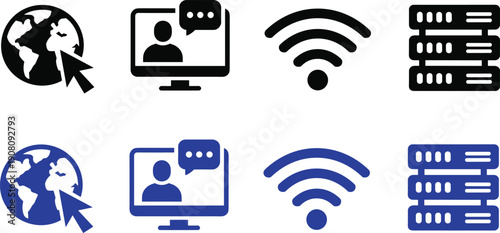 Collection of technology icons black and blue on transparent background globe wifi computer server