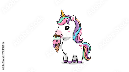Cartoon Unicorn Eating Ice Cream Cone.