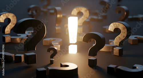 Illumination amidst Uncertainty: A glowing exclamation mark shines brightly, encircled by a multitude of question marks, signifying clarity emerging from a sea of inquiries and doubts. 