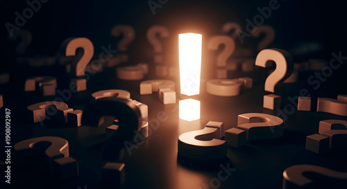 Illumination of Answer: A prominent exclamation mark illuminates amidst a multitude of question marks. representing the journey of seeking knowledge, finding solutions, and making a bold statement.