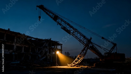 Night scene of a demolition site with a crane illuminated by a spotlight against a dark sky