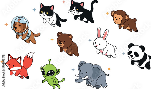 Diverse cartoon animals and aliens arranged in a circular pattern with stars around them in a whimsical illustration