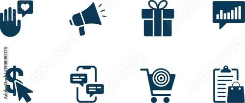 A comprehensive set of dark blue icons representing various aspects of digital business and online commerce