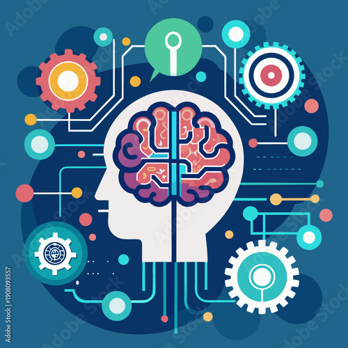 Concept of Artificial Intelligence. Gears with a brain shape and digital brain on a circuit background. Innovation in the future. AI; big data; deep learning
