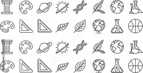 Educational subject pattern with school icons including art science history and sports on transparent background