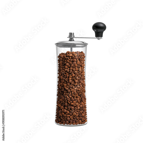 Coffee Grinder With Roasted Coffee Beans Inside on a Plain Background