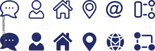 Set of dark blue communication icons including chat message home location globe and network connection