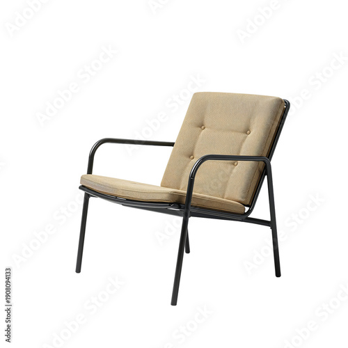 Stylish Chair With Black Metal Frame and Tan Cushions Placed Against a White ...