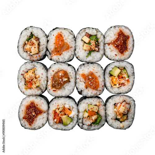 Sushi Rolls With Fresh Ingredients on a White Surface Ready to Be Served at a...