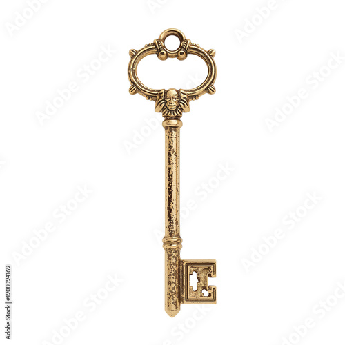 Vintage Key With Ornate Design on Top Displayed Against a Plain Background