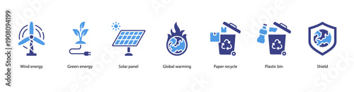 Renewable Energy web banner illustration featuring Wind energy, Green energy, Solar panel, Global warming, Paper recycle, Plastic bin, and Shield.