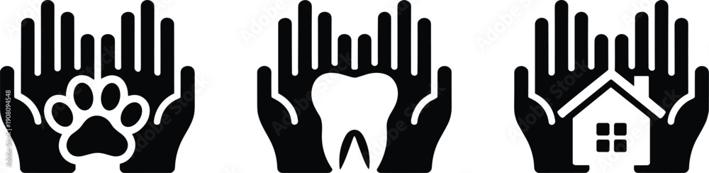 Obraz premium Protection symbols showing human hands caring for pet paw and dental tooth and residential home for safety insurance