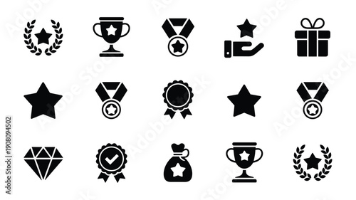 Award and success icons set including trophy and medal and star and gift for achievement and recognition celebration