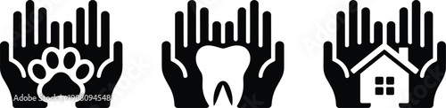 Protection symbols showing human hands caring for pet paw and dental tooth and residential home for safety insurance