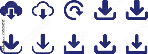 Blue minimalist download and cloud storage interface symbols collection for mobile application and web development