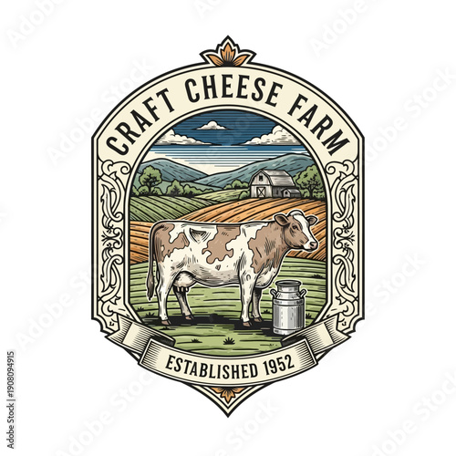 Craft Cheese Farm Logo with Dairy Cow and Rural Landscape.