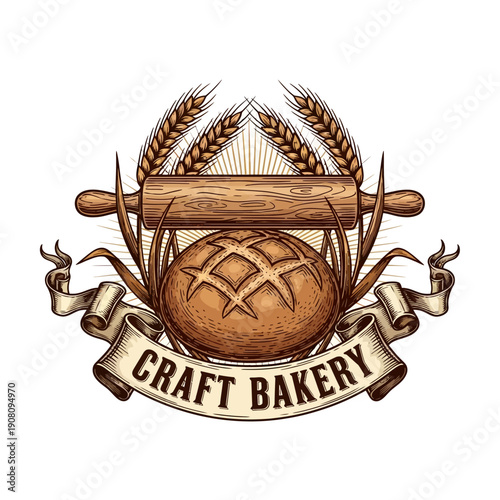 Craft Bakery Emblem with Rolling Pin Wheat and Bread Loaf.