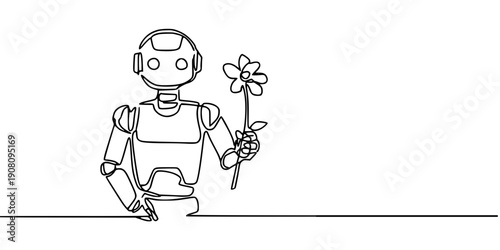 Robot with Flower, A continuous line drawing of a robot holding a flower, symbolizing technology and humanity in harmony.