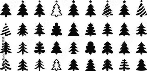 A lovely collection of various black Christmas tree silhouette icons on a clean white background
