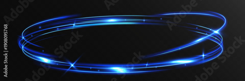 Bright blue neon circular light frame with glow and motion trails on dark opaque background, futuristic energy ring effect.