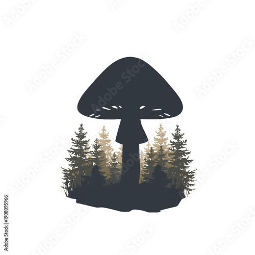 Forest Scene With Mushrooms Under Trees at Dusk in Nature