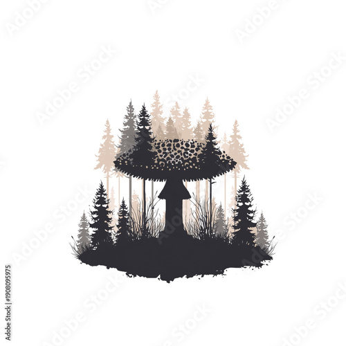 Forest Scene With Mushrooms Under Trees at Dusk in Nature