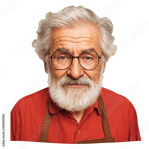 Elderly Man With Glasses and Beard Wearing an Apron While Smiling at the Came...
