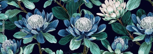 Elegant botanical pattern, featuring blooming teal protea flowers and lush green leaves on dark backdrop