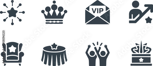 A series of dark blue icons symbolizing luxury, exclusive events, and premium VIP experiences