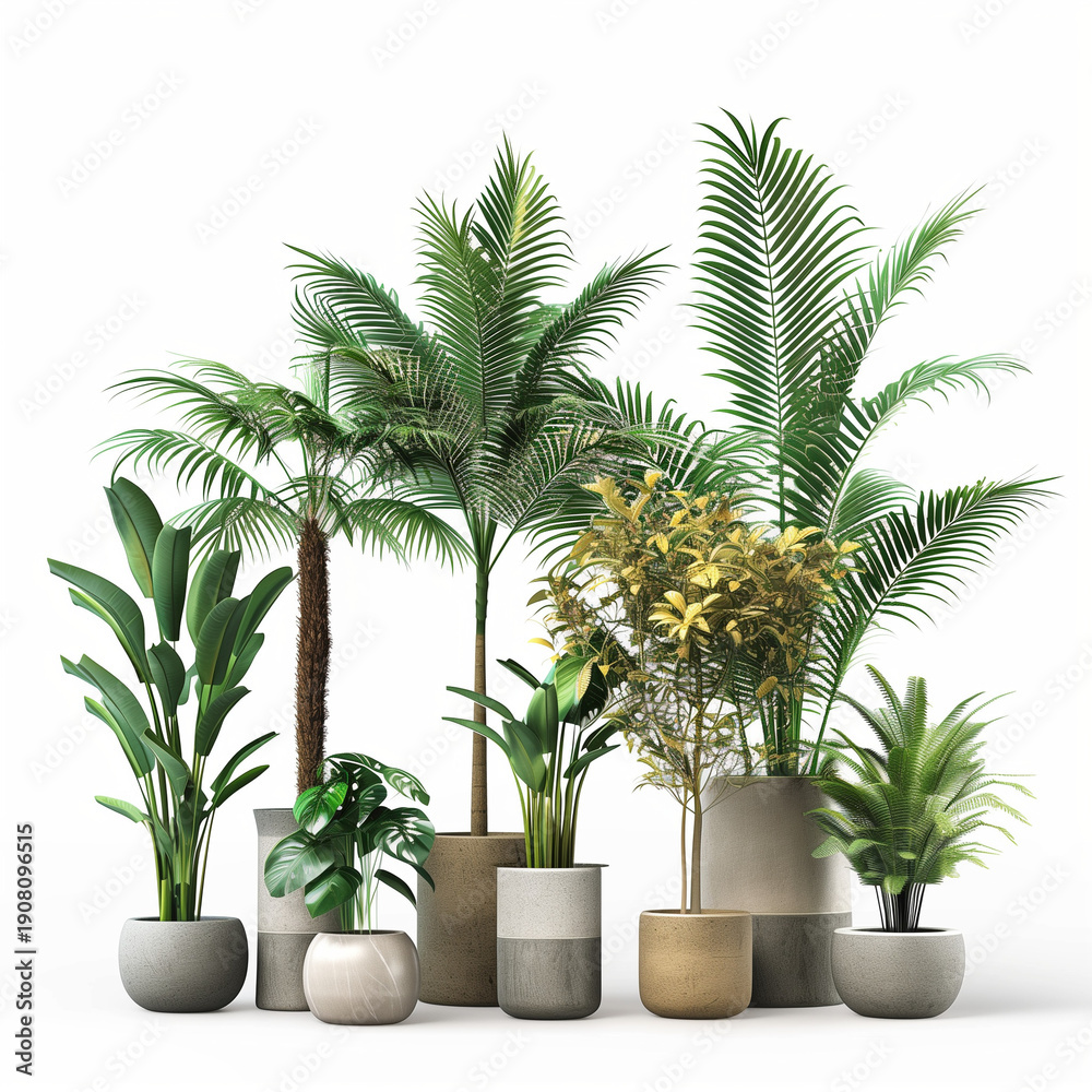 Fototapeta premium Palm Plants and Houseplants in Decorative Ceramic Pots.