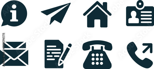 A set of communication and contact method icons including mail phone information and personal details