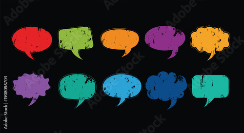 Ten colorful distressed speech bubbles in varied shapes and hues arranged on black background, grungy texture, artistic communication design elements