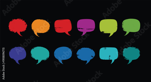 Twelve colorful brushstroke speech bubbles in varied shapes and hues arranged on black background, expressive artistic communication design elements