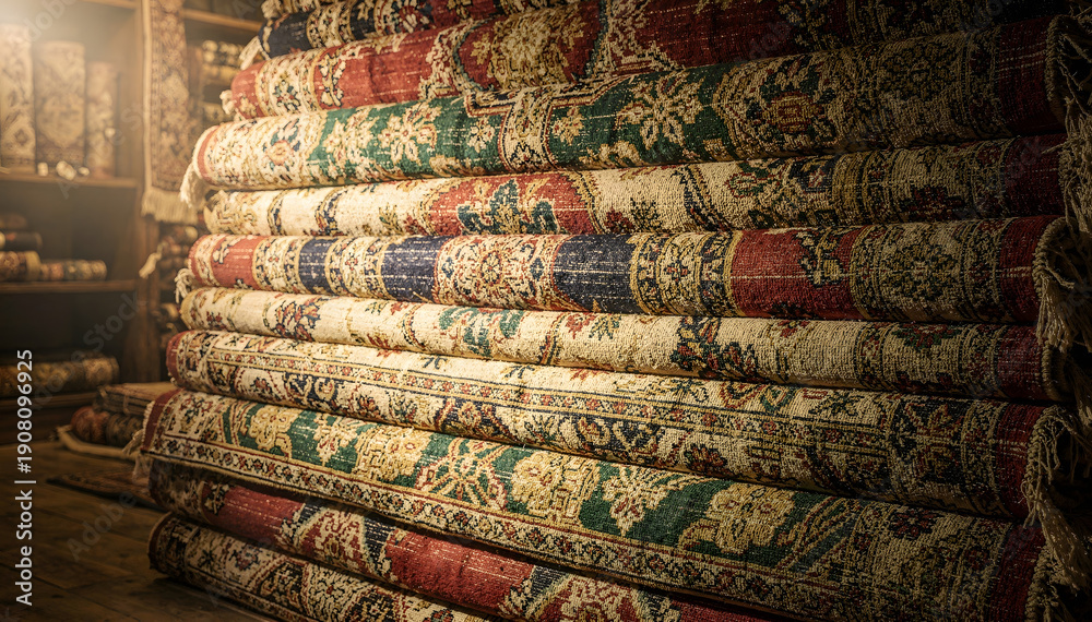 custom made wallpaper toronto digitalStacks of Rolled Oriental Carpets Displayed for Sale in a Market, Showcasing Intricate Designs and Rich Colors, Ideal for Home Decor Inspiration and Cultural Heritage Themes