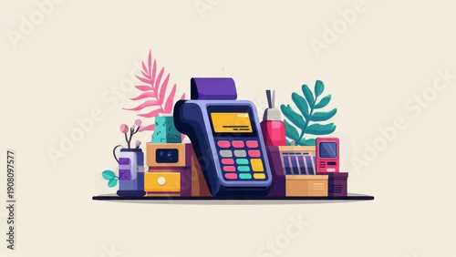 Cashless Shopping Concept: Product scanner and checkout flow in urban market
