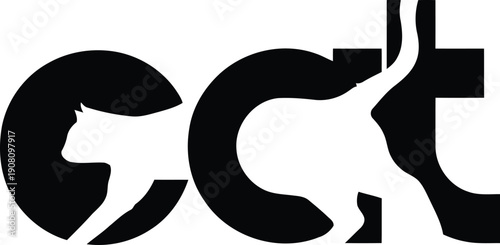 Clever black and white wordmark design creatively integrating a stylized silhouette of a walking cat figure into the letters to form the word cat