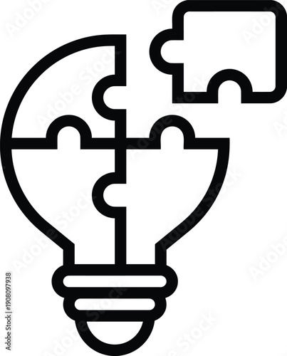 Black outline icon depicting a conceptual lightbulb idea being assembled from four distinct puzzle pieces showing problem solving and final solution integration.