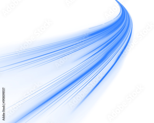 Neon laser blue speed lines move along city road and highway traffic. Light motion wave forms an energy trail with smooth futuristic flow. Cool air surrounds the scene. PNG vector.